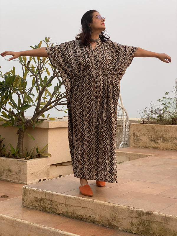 Black Chevron Motif Hand Block Printed Caftan with V-Neck, Cinched Waist and Available in both Knee and Ankle Length