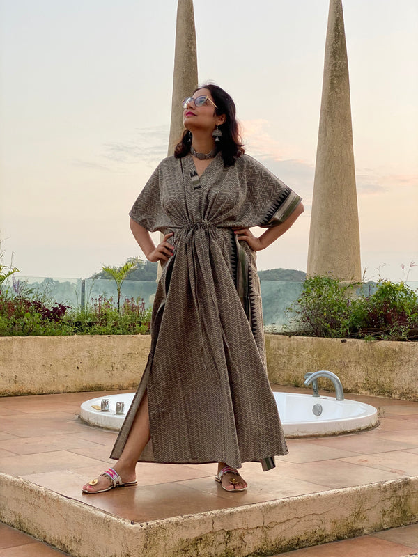 Gray Geometric Motif Bordered Hand Block Printed Caftan with V-Neck, Cinched Waist and Available in both Knee and Ankle Length