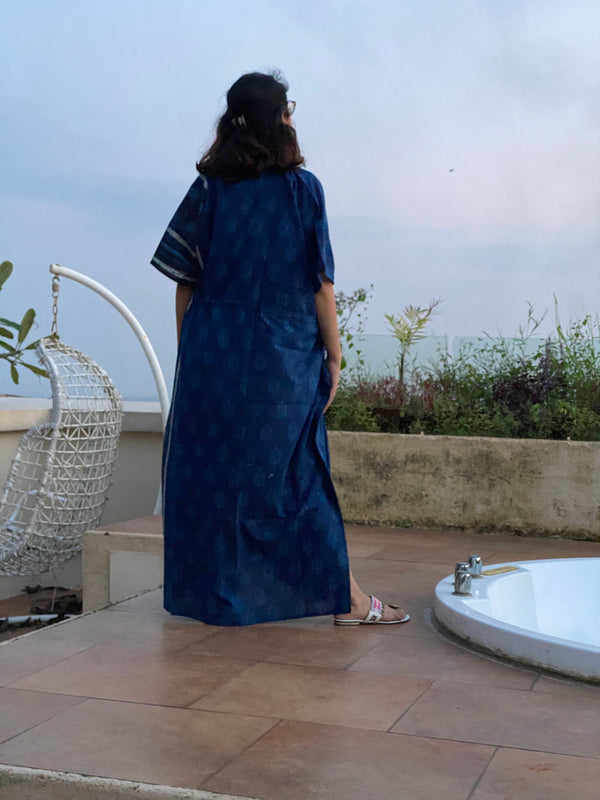 Indigo Blue Leafy Bordered Hand Block Printed Caftan with V-Neck, Cinched Waist and Available in both Knee and Ankle Length