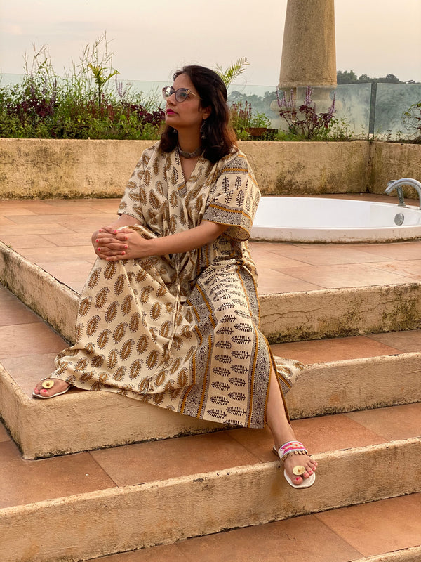 Cream Mustard Paisley Bordered Hand Block Printed Caftan with V-Neck, Cinched Waist and Available in both Knee and Ankle Length