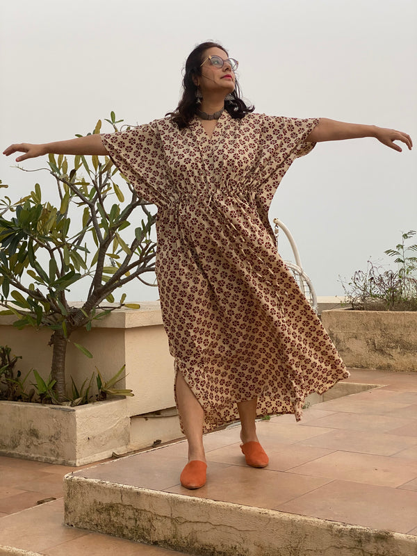 Ivory Red Floral Motif Hand Block Printed Caftan with V-Neck, Cinched Waist and Available in both Knee and Ankle Length
