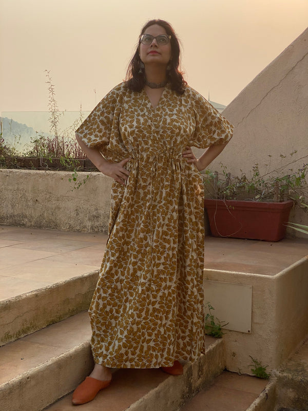 Cream Mustard Leafy Motif Hand-Blocked Kaftan with V-Neck, Cinched Waist and Available in both Knee and Ankle Length