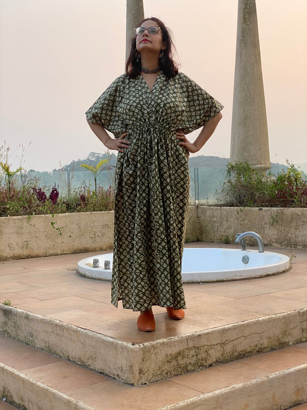 Green Diamond Motif Hand-Blocked Caftan with V-Neck, Cinched Waist and Available in both Knee and Ankle Length