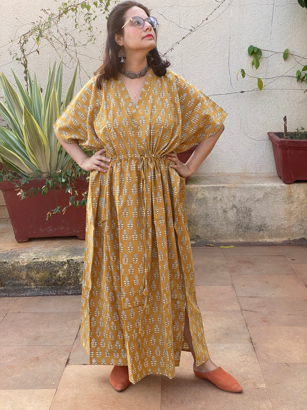 Mustard leafy Motif Hand-Blocked Caftan with V-Neck, Cinched Waist and Available in both Knee and Ankle Length