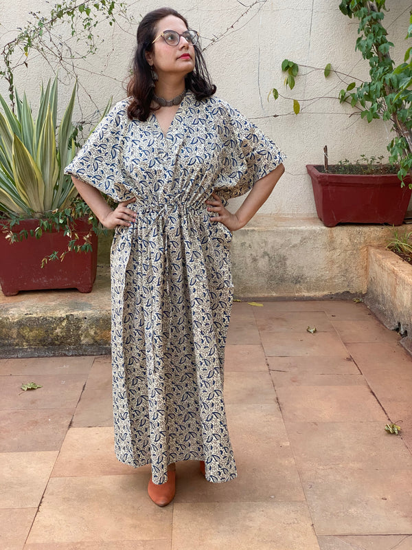 Ivory Blue Paisley Motif Hand Block Printed Caftan with V-Neck, Cinched Waist and Available in both Knee and Ankle Length