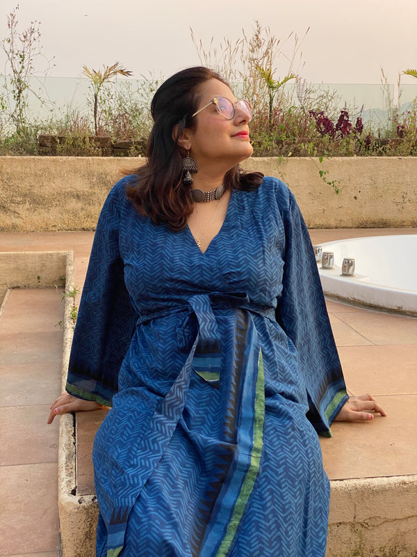 Indigo Blue Geometric Motif Hand Block Printed Kimono Robe | Available in both Knee and Ankle Length