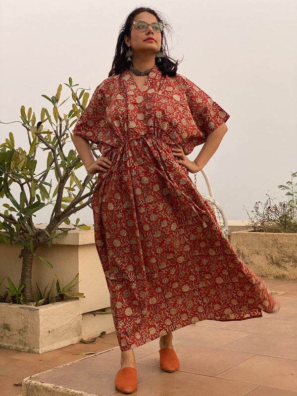 Red Floral Motif Hand-Blocked Caftan with V-Neck, Cinched Waist and Available in both Knee and Ankle Length