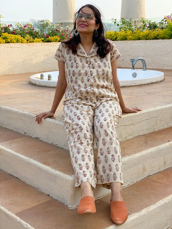 Ivory Paisley Motif Hand Block Printed Pjs | Organic Cotton Notched Collared Front Buttoned Pajama Set