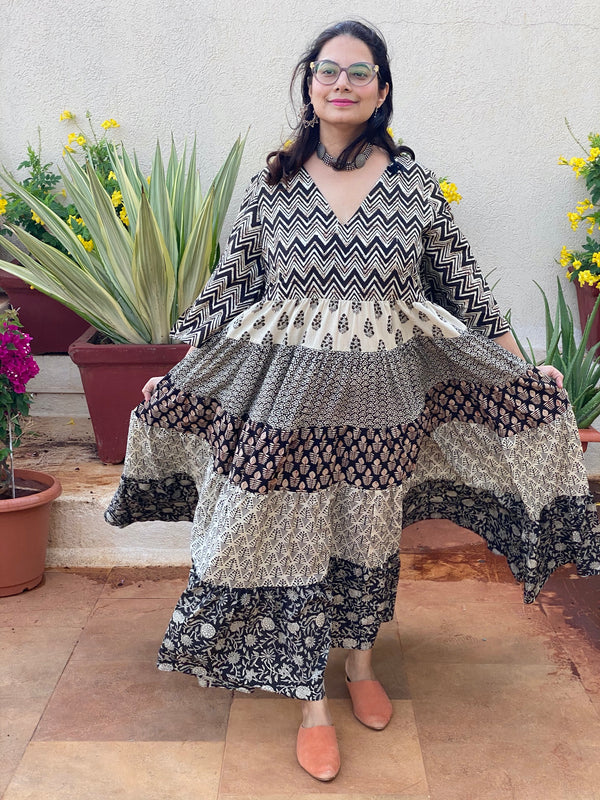 Black Ivory Mixed Hand Block Printed 5 Tiered Dress