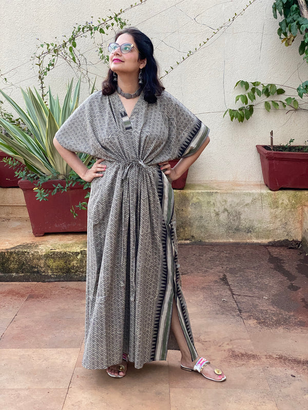 Gray Geometric Motif Bordered Hand Block Printed Caftan with V-Neck, Cinched Waist and Available in both Knee and Ankle Length