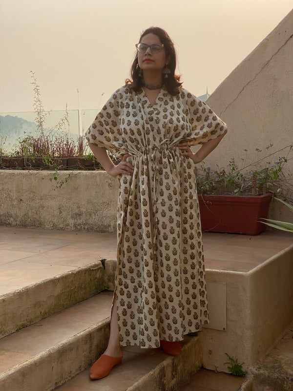 Ivory Mustard Paisley Motif Hand Block Printed Caftan with V-Neck, Cinched Waist and Available in both Knee and Ankle Length