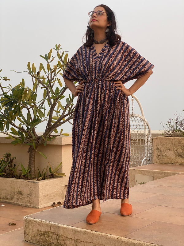 Blue Red Stripes Hand Block Printed Caftan with V-Neck, Cinched Waist and Available in both Knee and Ankle Length