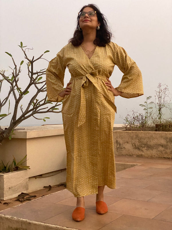 Mustard Triangle Geometrical Motif Hand-Block Printed Kimono Robe | Available in both Knee and Ankle Length