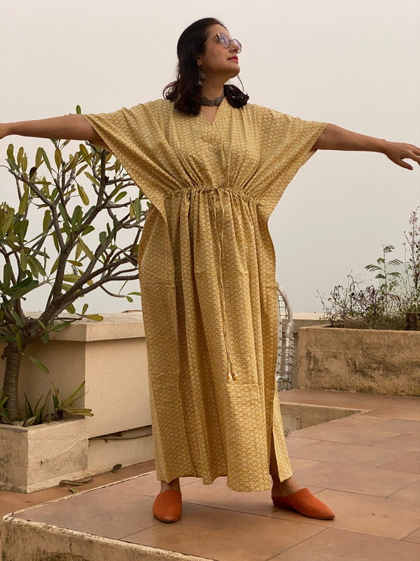Yellow Triangle Motif Hand Block Printed Caftan with V-Neck, Cinched Waist and Available in both Knee and Ankle Length