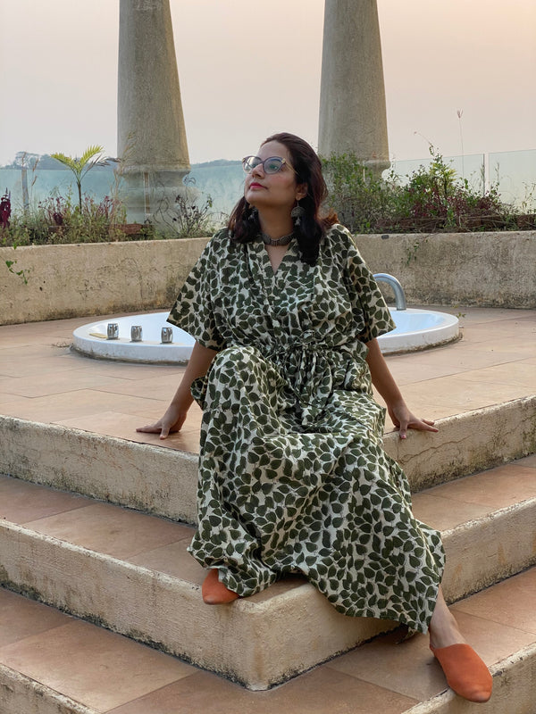 Ivory Green Leafy Motif Hand Block Printed Caftan with V-Neck, Cinched Waist and Available in both Knee and Ankle Length