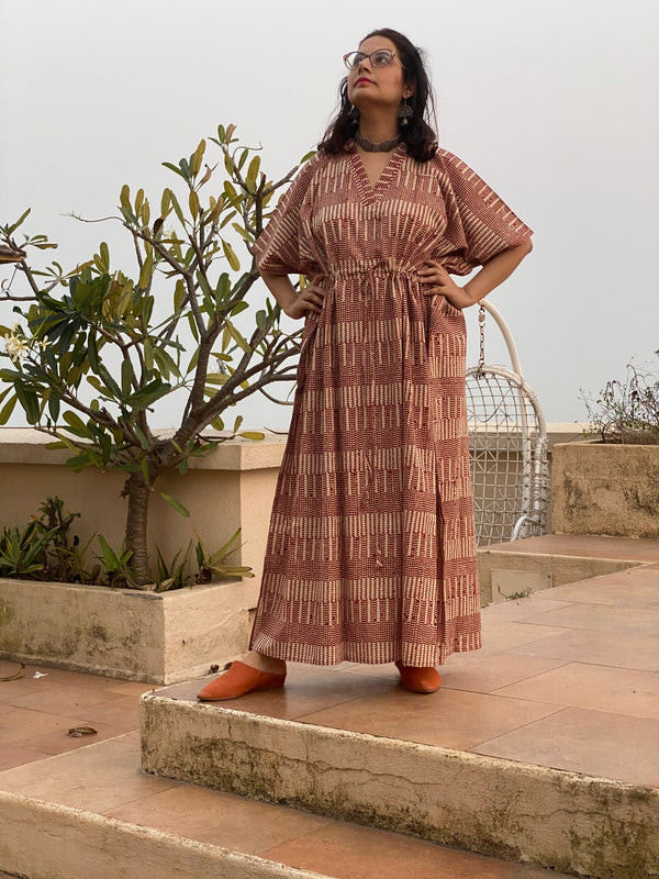 Red Geometric Motif Hand-Blocked Caftan with V-Neck, Cinched Waist and Available in both Knee and Ankle Length