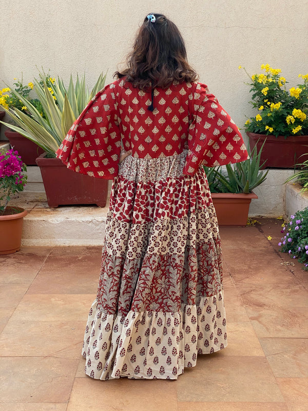 Ivory Red Mixed Hand Block Printed Front Buttoned 5 Tiered Dress