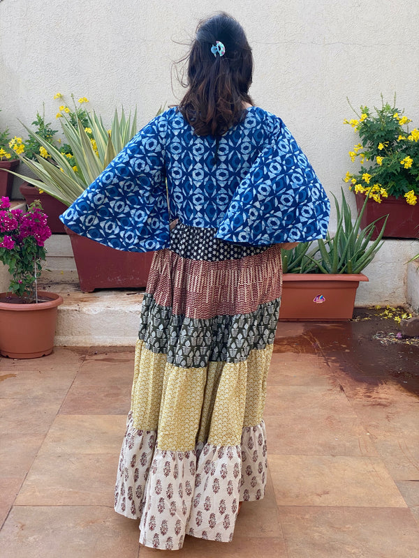 Mixed Colors Hand Block Printed 5 Tiered Dress
