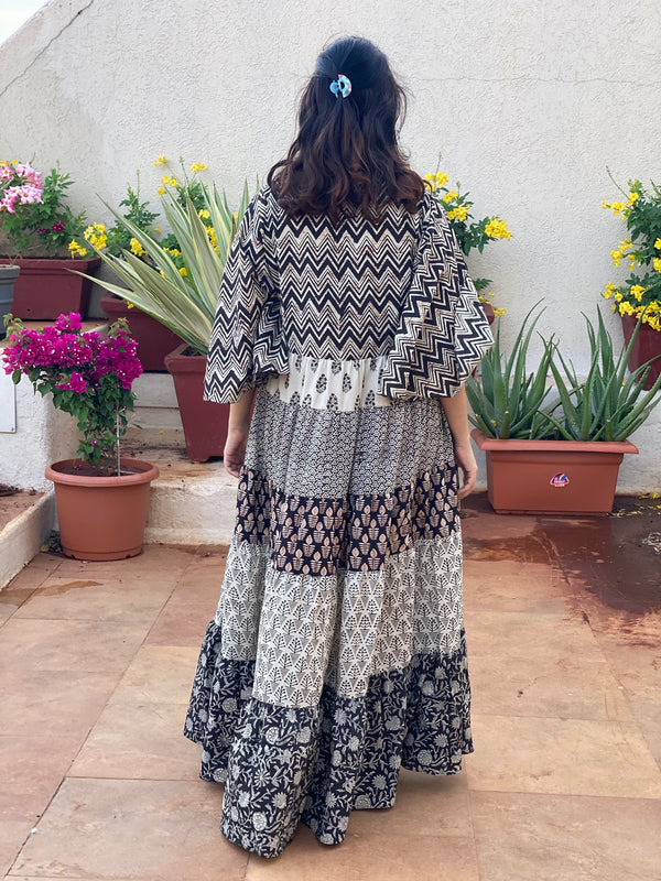 Black Ivory Mixed Hand Block Printed 5 Tiered Dress