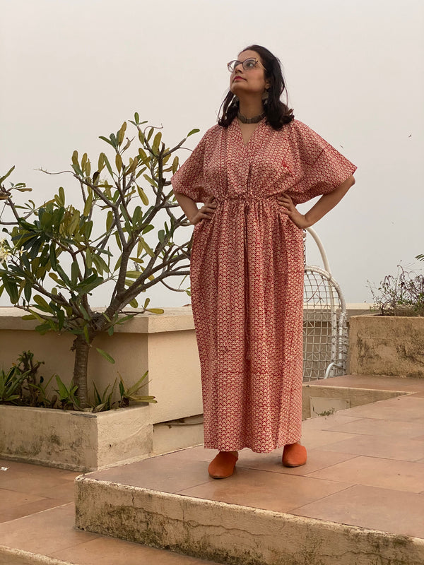 Red Triangle Motif Bordered Hand Block Printed Caftan with V-Neck, Cinched Waist and Available in both Knee and Ankle Length