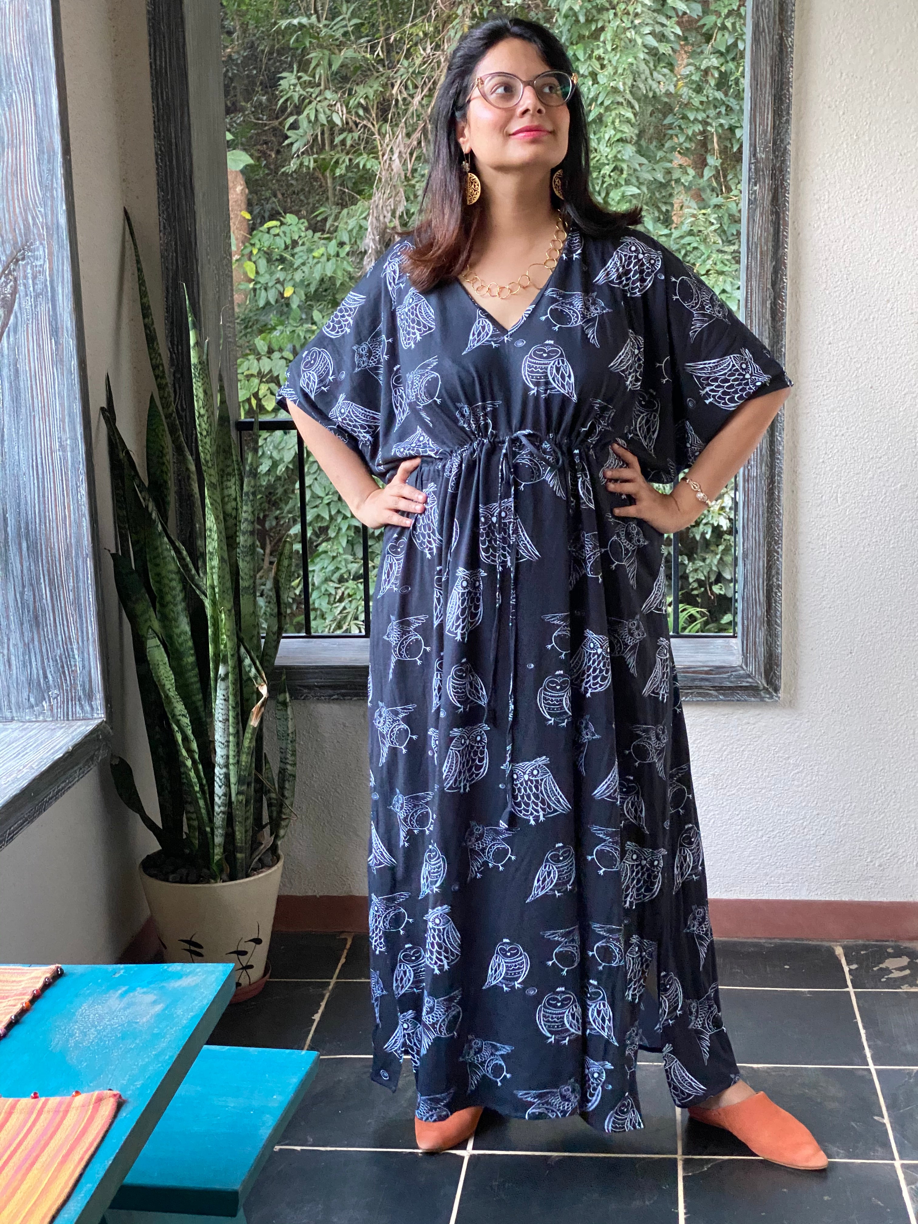 Owling Away in Black Timeless Style Kaftan | Soft Jersey Knit Organic Cotton | Perfect Loungewear House Dress Owling Away in Black Timeless Style Kaftan | Soft Jersey Knit Organic Cotton | Perfect Loungewear House Dress