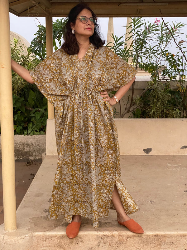 Mustard Floral Motif Hand-Blocked Caftan with V-Neck, Cinched Waist and Available in both Knee and Ankle Length