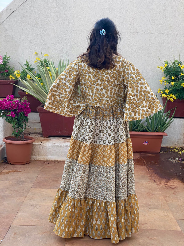 Mustard Gold and Ivory Mix 5 Tiered Dress in Hand-Block Print
