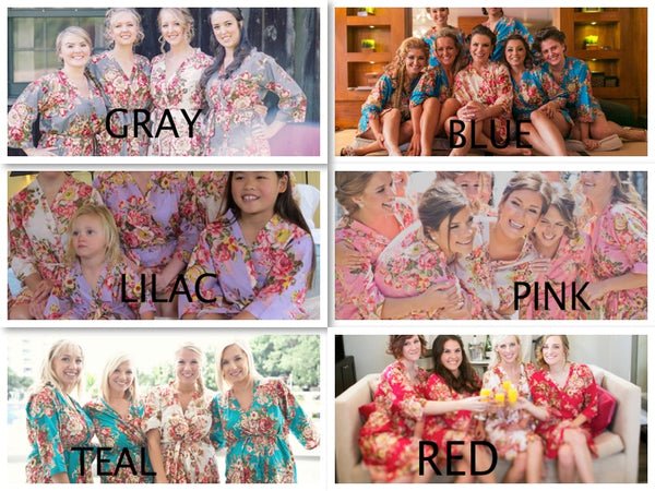 Mismatched Rosy Red Posy Patterned Bridesmaids Robes in Jewel Tones