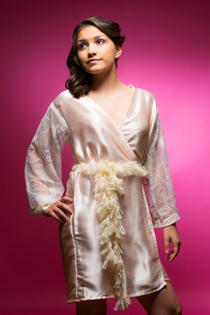 Peach Satin Robe with Lace Sleeves | Laughing Cherries