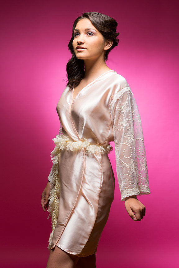 Light Peach/Apricot Satin Robe with Full Length Lace Sleeve