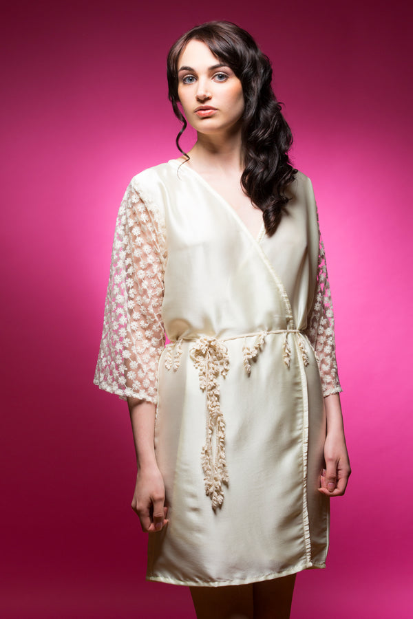 Ivory Satin Robe with Full Length Lace Sleeves