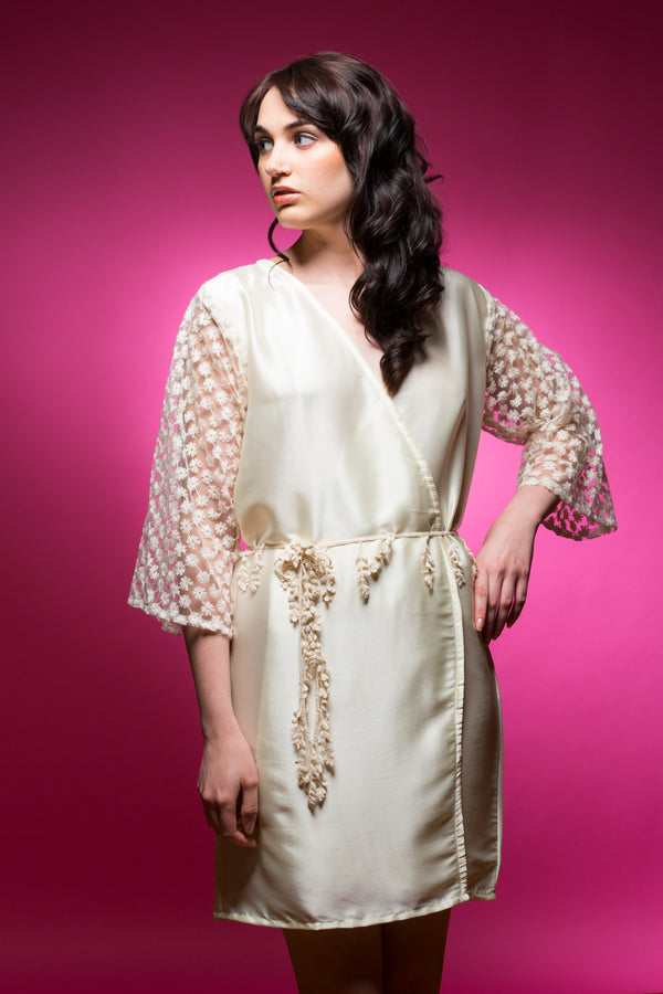 Ivory Satin Robe with Full Length Lace Sleeves