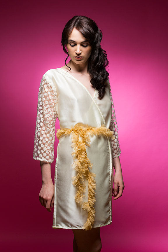 Savoy Robe Ivory Satin Robe with Full Length Lace Sleeves | Laughing Cherries