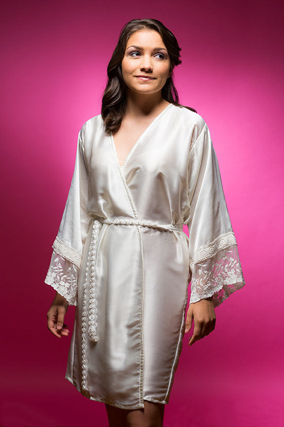 White Satin Robe with Lace Accented Cuff