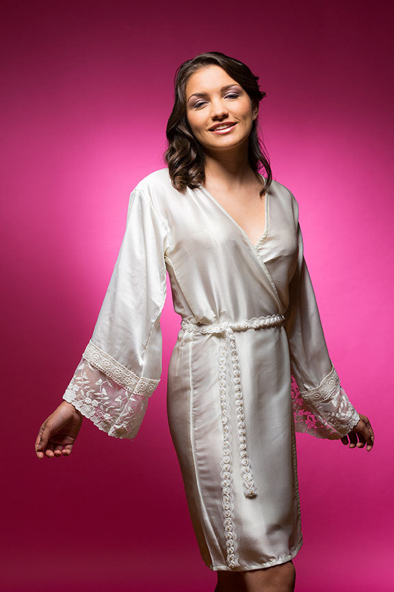 White Satin Robe with Lace Accented Cuff