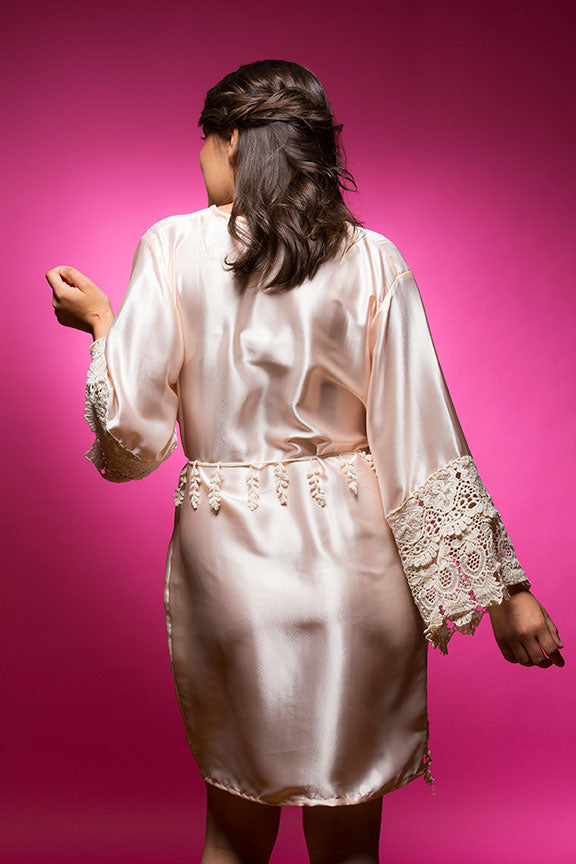 Light Peach/Apricot Satin Robe with Lace Accented Cuff