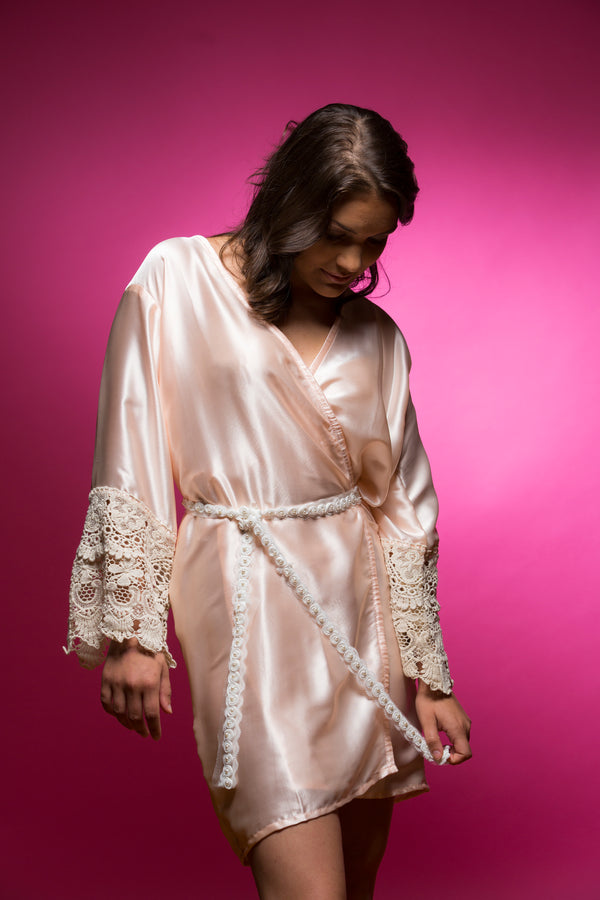 Light Peach Satin Robe with Lace Accented Cuff