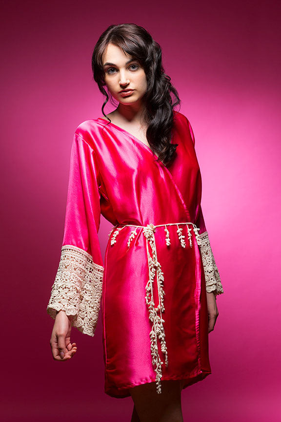 Hot Pink Satin Robe with Lace Accented Cuff