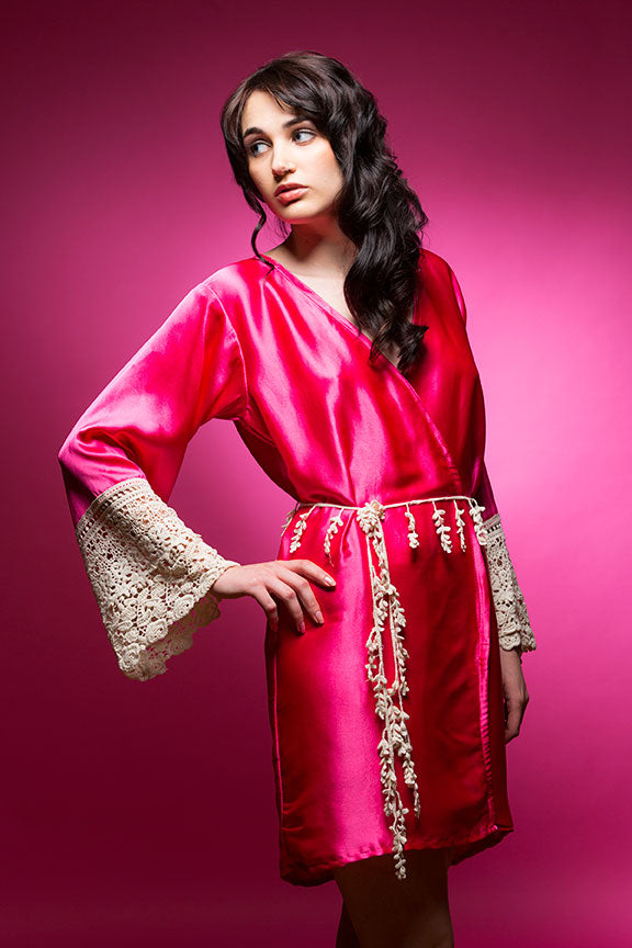 Hot Pink Satin Robe with Lace Accented Cuff