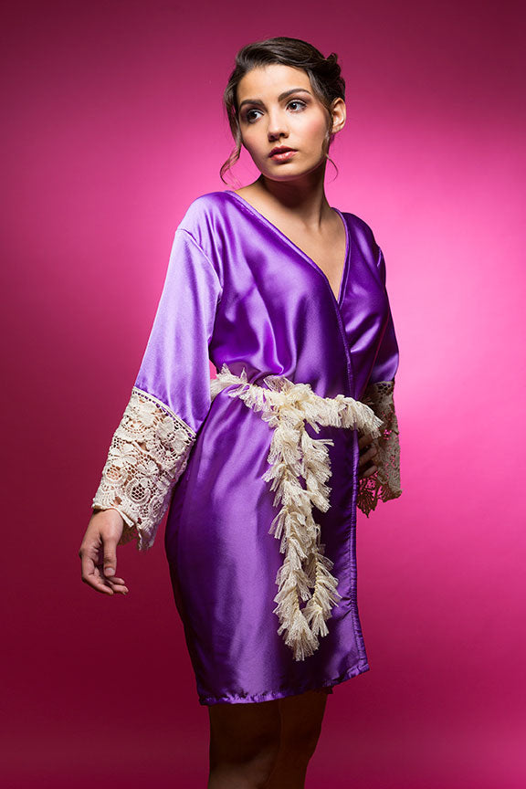 Beautiful Purple Robe Amethyst Purple Satin Robe with Lace Accented Cuffs | Laughing Cherries