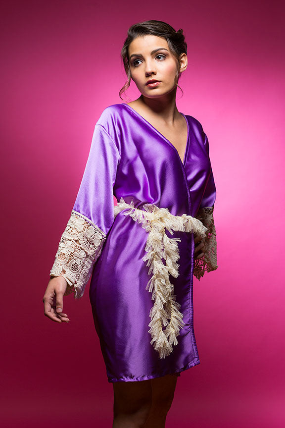 Amethyst Purple Satin Robe with Lace Accented Cuffs