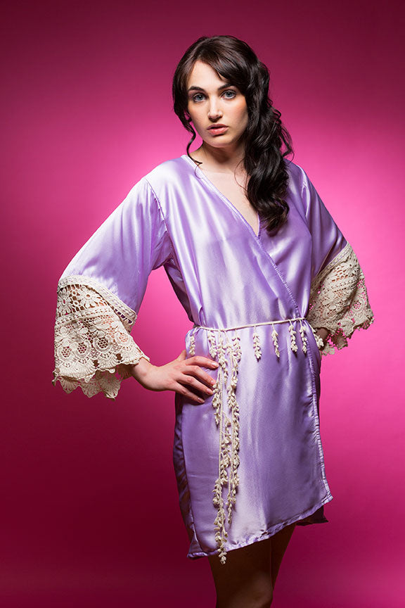 Lavender Satin Robe with Lace Accented Cuffs