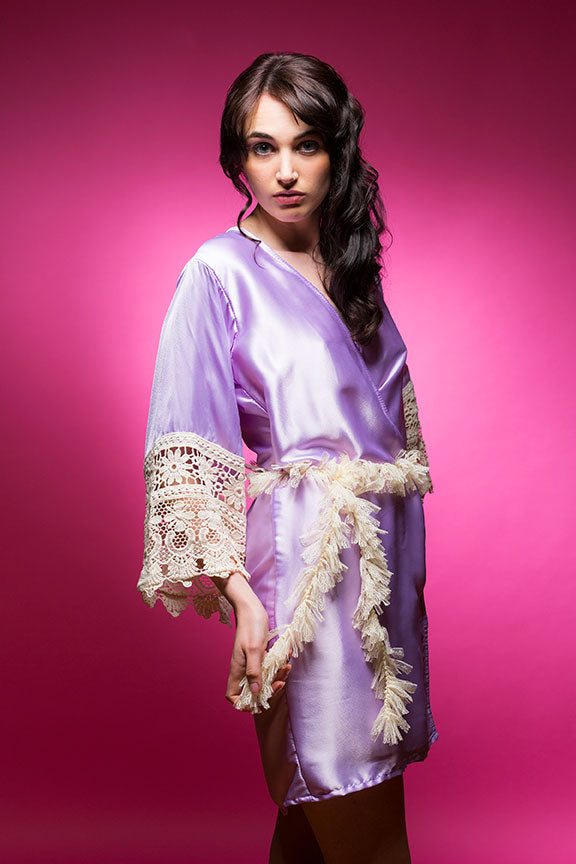 Lavender Satin Robe with Lace Accented Cuffs