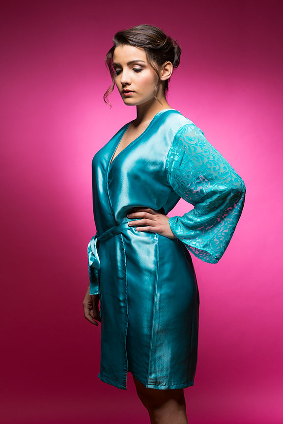 Teal Blue Satin Robe With Brasso Sleeves
