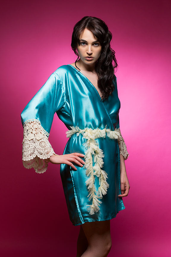 Ice Blue Satin Robe with Ivory Lace Accented Cuff