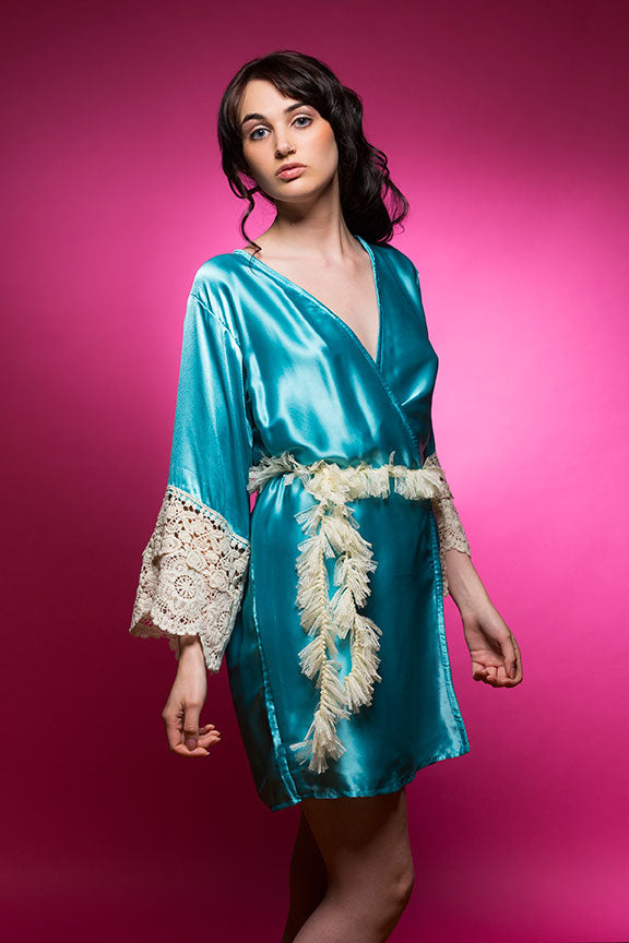 Ice Blue Satin Robe with Ivory Lace Accented Cuff
