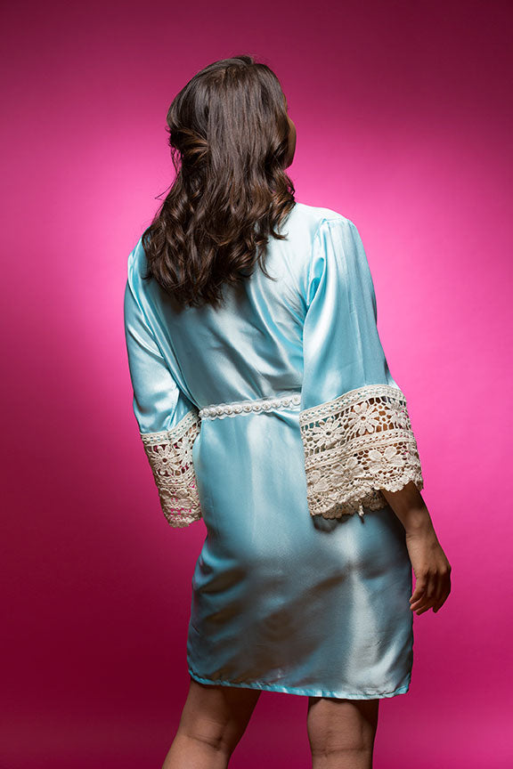 Sky Blue Satin Robe with Lace Accented Cuffs