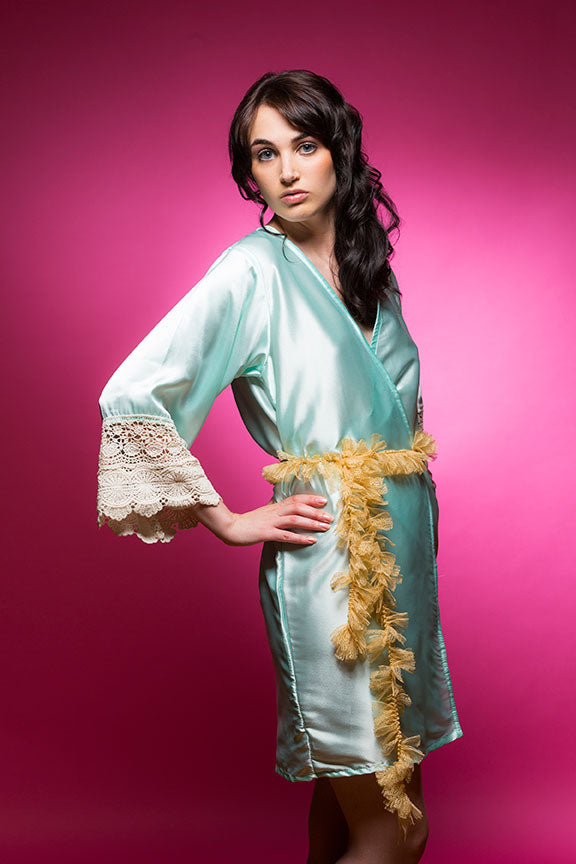 Aqua Blue Satin Robe with Lace Accented Cuffs