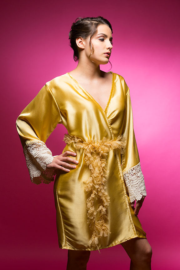 Gold Satin Robe with Ivory Lace Accented Cuffs