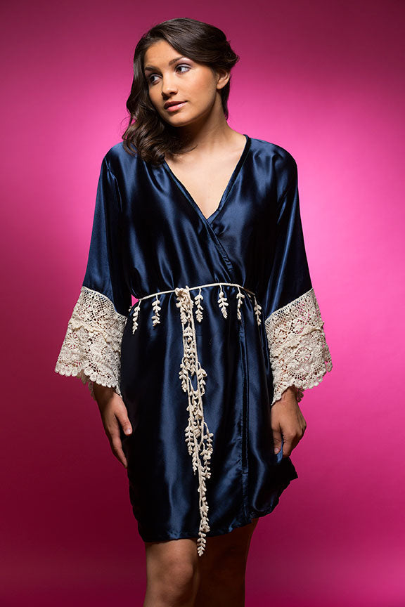 Deep Sapphire Blue Satin Robe with Ivory Lace Accented Cuffs